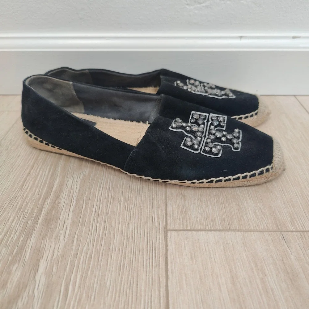 Tory Burch Embellished Jeweled Espadrille Flats Womens 11 Black Diamond‎ Suede
